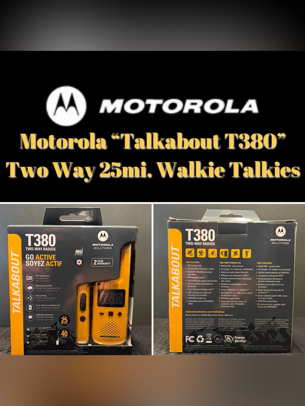 Motorola Talkabout T380 Two Way 25mi. Walkie Talkies Set - New in Box